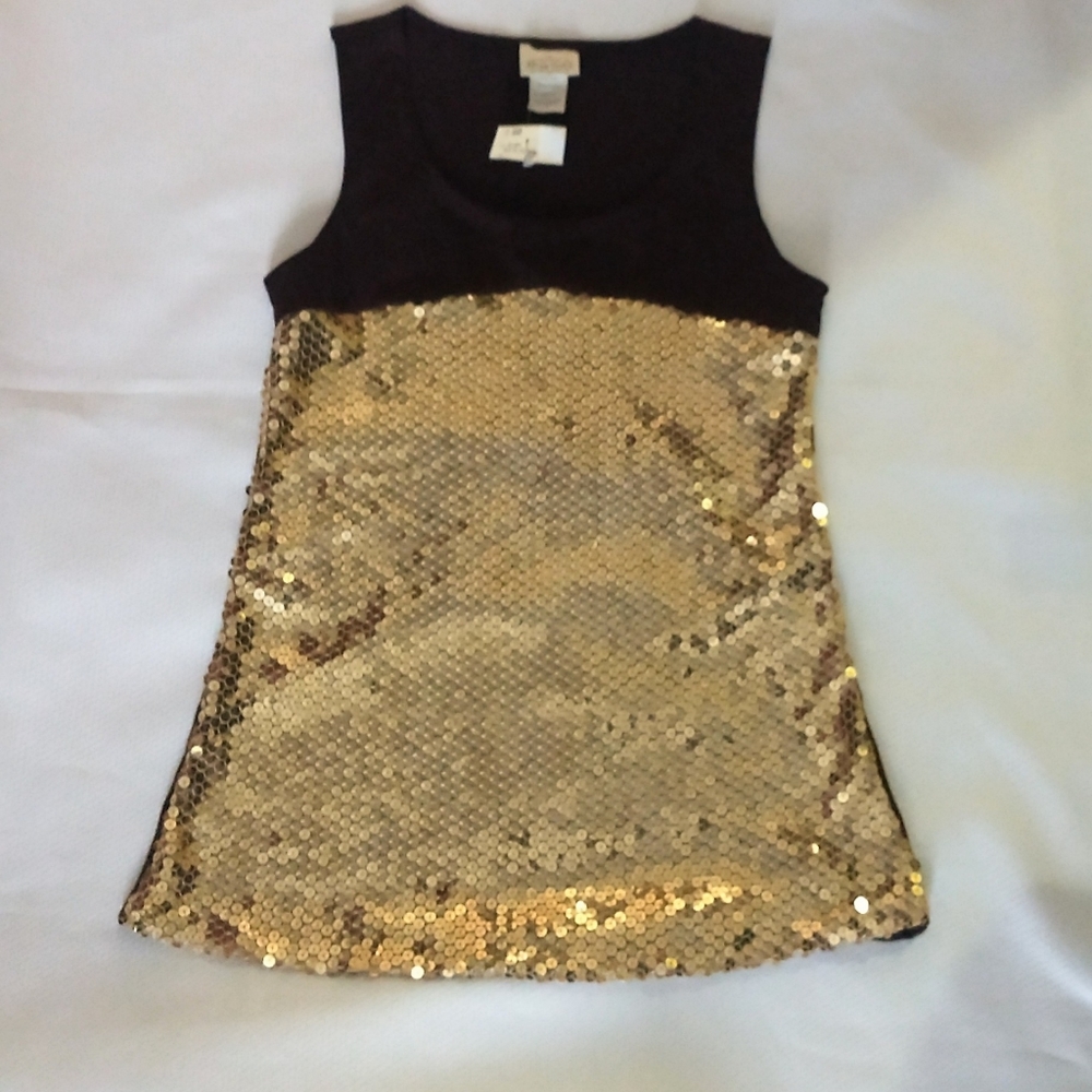 SMALL Sleeveless Top Brown & Gold Sequined Top